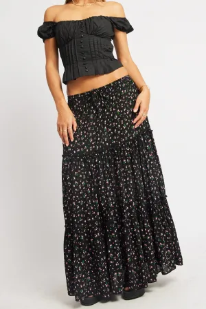 Black Ditsy Maxi Skirt Tiered High Rise Elastic Waistband,skirt,denim skirt,mini skirt,maxi skirt,jean skirt,skort,tennis skirt,pleated skirt,pencil skirt,bubble skirt,plisse skirt,fitted skirt,midi skirt,short skirt,short mini skirt,leather skirt,a line s