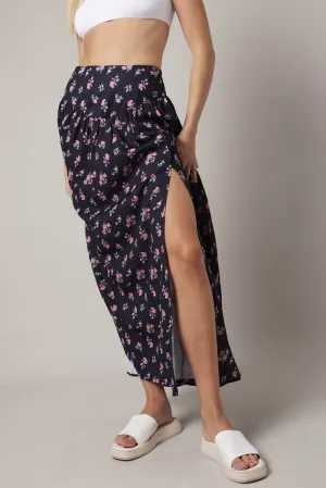 Black Floral Maxi Skirt Bouquet Ditsy Side Split Skirt,skirt,denim skirt,mini skirt,maxi skirt,jean skirt,skort,tennis skirt,pleated skirt,pencil skirt,bubble skirt,plisse skirt,fitted skirt,midi skirt,short skirt,short mini skirt,leather skirt,a line skir