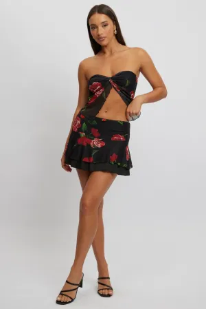 Black Floral Mini Skirt Elasticated Waist Skater Layered Mesh,skirt,denim skirt,mini skirt,maxi skirt,jean skirt,skort,tennis skirt,pleated skirt,pencil skirt,bubble skirt,plisse skirt,fitted skirt,midi skirt,short skirt,short mini skirt,leather skirt,a li