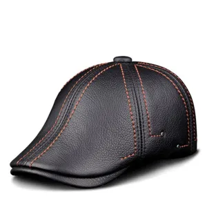 Black Genuine Leather Duckbill Cap boater hat with bow in beach sunlight