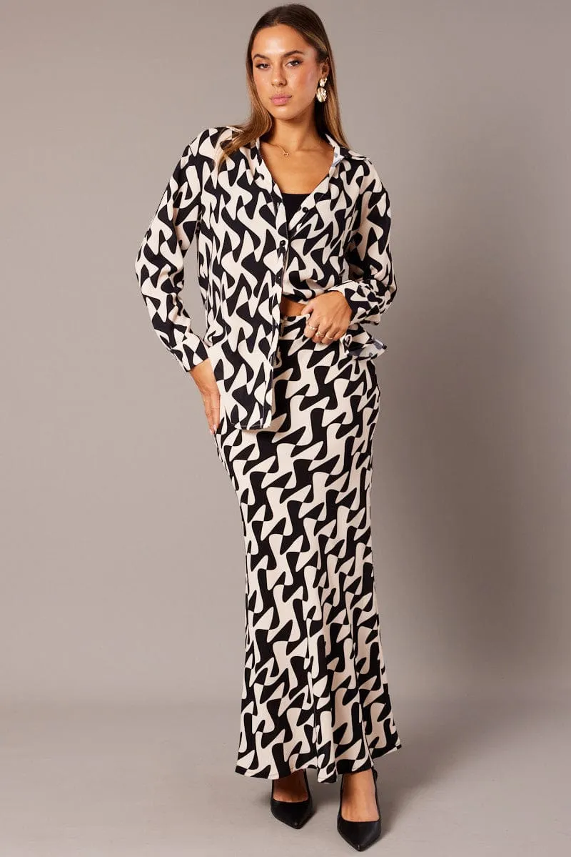 Black Geo Slip Skirt Maxi Drawstring Waist