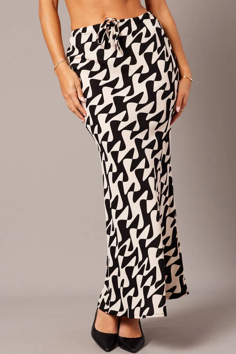 Black Geo Slip Skirt Maxi Drawstring Waist