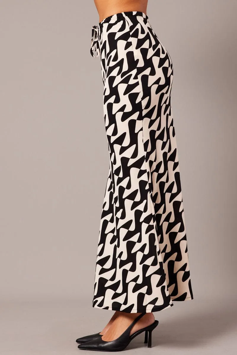 Black Geo Slip Skirt Maxi Drawstring Waist