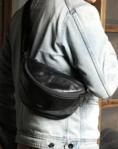 Black Handmade Leather Men Fanny Pack Small Waist Bag Hip Pack Coffee Belt Bag Bumbag for Men Black
