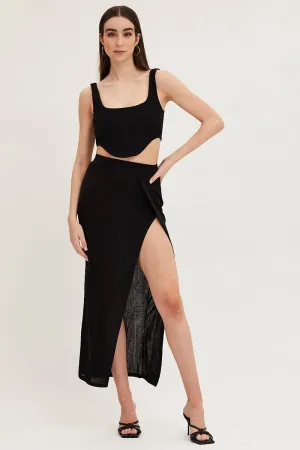 Black Jersey Elastic Waist Front Split Midi Skirt,skirt,denim skirt,mini skirt,maxi skirt,jean skirt,skort,tennis skirt,pleated skirt,pencil skirt,bubble skirt,plisse skirt,fitted skirt,midi skirt,short skirt,short mini skirt,leather skirt,a line skirt