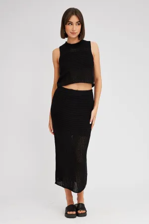 Black Knit Skirt Midi Crochet,skirt,denim skirt,mini skirt,maxi skirt,jean skirt,skort,tennis skirt,pleated skirt,pencil skirt,bubble skirt,plisse skirt,fitted skirt,midi skirt,short skirt,short mini skirt,leather skirt,a line skirt,Split skirt