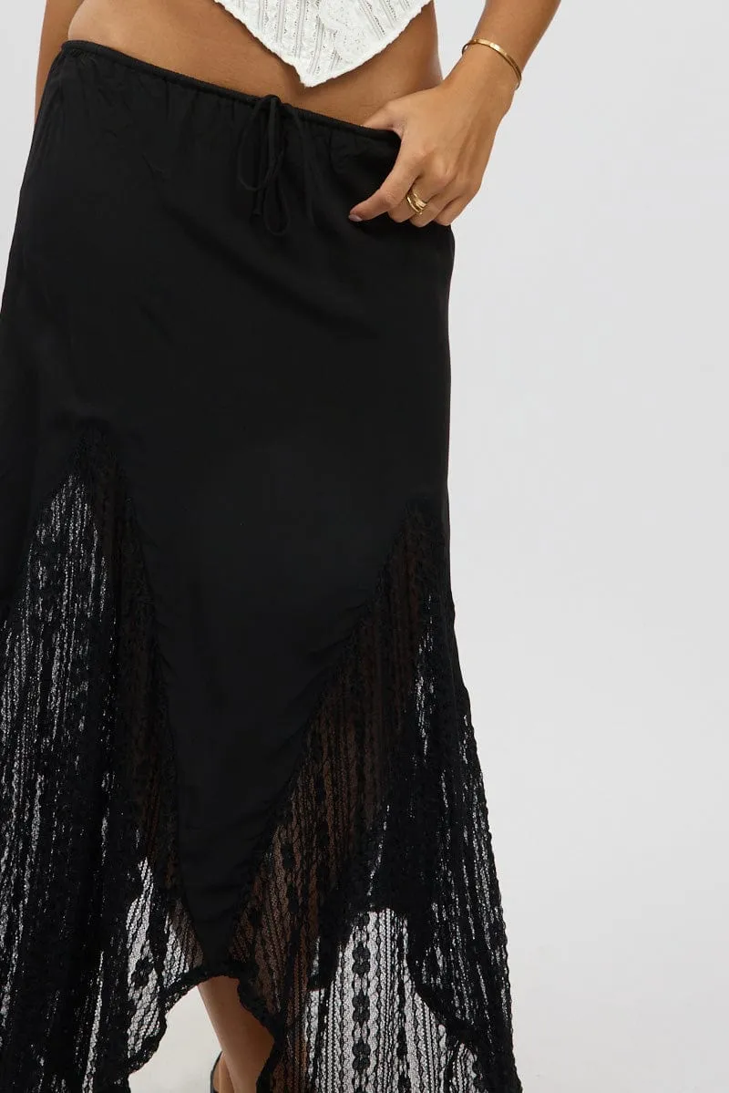 Black Lace Elastic Waist Scarf Hem Maxi Skirt