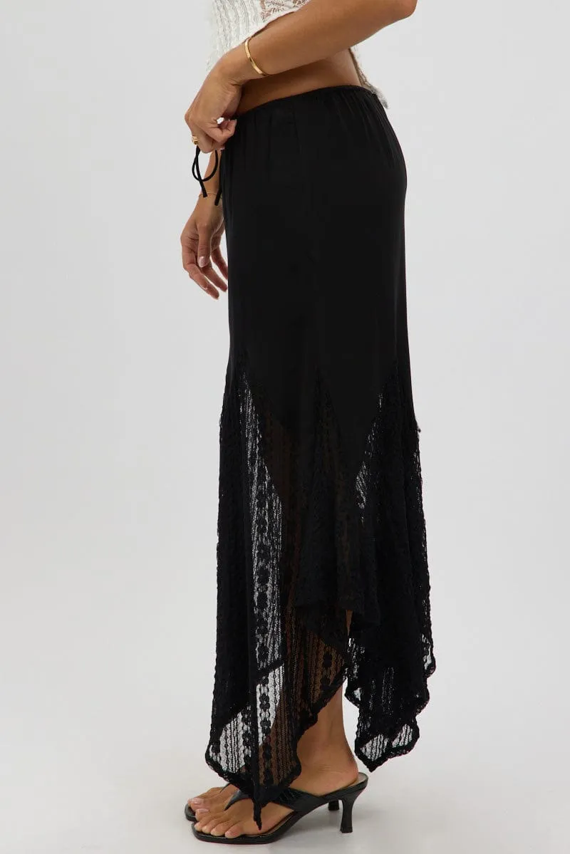 Black Lace Elastic Waist Scarf Hem Maxi Skirt