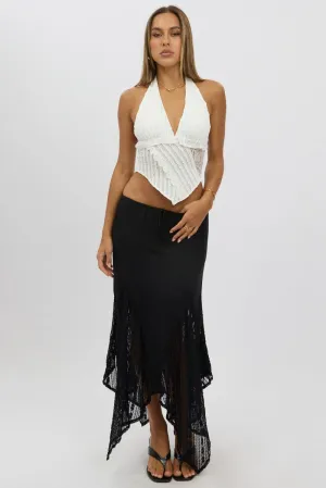 Black Lace Elastic Waist Scarf Hem Maxi Skirt,skirt,denim skirt,mini skirt,maxi skirt,jean skirt,skort,tennis skirt,pleated skirt,pencil skirt,bubble skirt,plisse skirt,fitted skirt,midi skirt,short skirt,short mini skirt,leather skirt,a line skirt