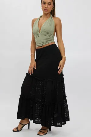 Black Lace Maxi Skirt Elastic Waist Tiered Lined,skirt,denim skirt,mini skirt,maxi skirt,jean skirt,skort,tennis skirt,pleated skirt,pencil skirt,bubble skirt,plisse skirt,fitted skirt,midi skirt,short skirt,short mini skirt,leather skirt,a line skirt
