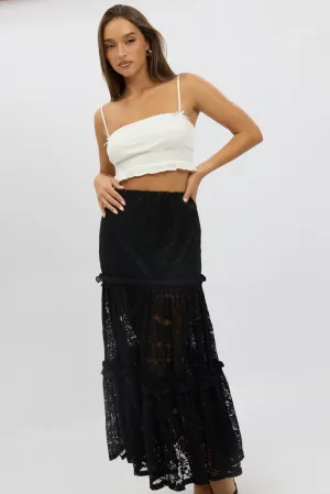 Black Lace Maxi Skirt Elastic Waist Tiered Lined,skirt,denim skirt,mini skirt,maxi skirt,jean skirt,skort,tennis skirt,pleated skirt,pencil skirt,bubble skirt,plisse skirt,fitted skirt,midi skirt,short skirt,short mini skirt,leather skirt,a line skirt