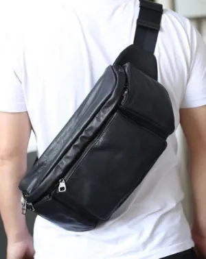 Black Leather Fanny Pack Men's Black Chest Bag Hip Bag Large Capacity Waist Bag For Men Black