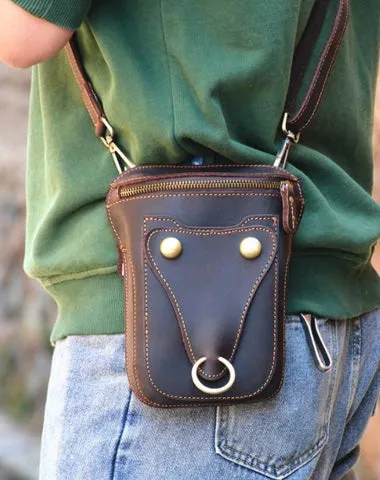 Black LEATHER MENS Belt Pouch Ox Mini Messenger Bag Belt Holster Waist Bag For Men Dark Coffee