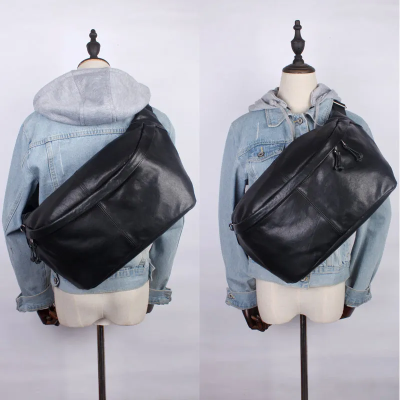 Black Leather Mens Large Sling Bag Leather Mens Big Waist Bag Fanny Pack For Big Men Black