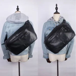 Black Leather Mens Large Sling Bag Leather Mens Big Waist Bag Fanny Pack For Big Men Black