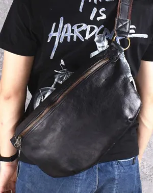 Black Leather Mens Large Sling Bag Leather Sling Pack Postman Bag Fanny Pack Shoulder Bag For Men Tan