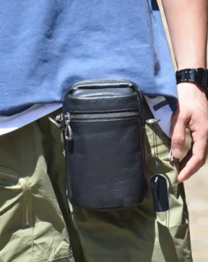 Black LEATHER MEN'S Small Belt Pouch Mini Side bag Vertical Phone Bag MESSENGER BAG Waist Bag FOR MEN Black