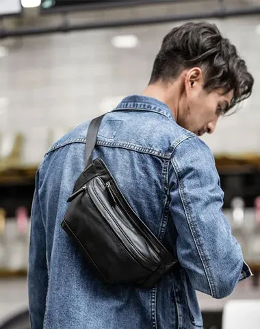 Black Leather Mens Waist Bag Fanny Pack Sling Bag Chest Bag Black One Shoulder Backpack for Men Black
