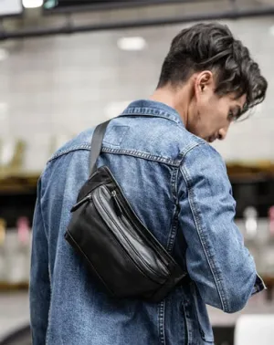 Black Leather Mens Waist Bag Fanny Pack Sling Bag Chest Bag Black One Shoulder Backpack for Men Black