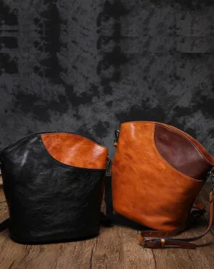 Black Leather Womens Shoulder Bucket Bag Cross Body Bucket Purse Black Barrel Bag cheap online