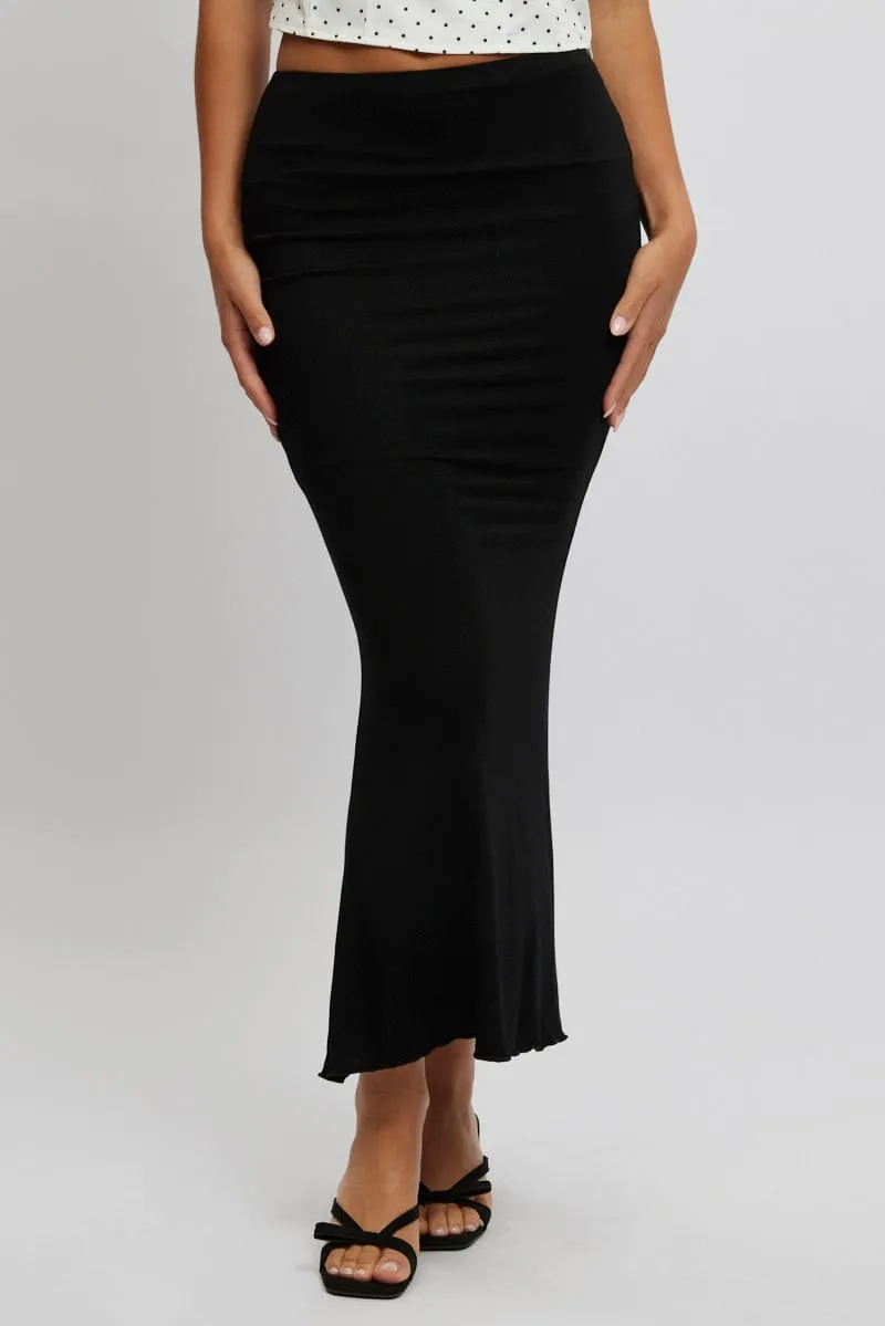 Black Maxi Skirt Elastic Waist Modal Blend Lined