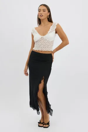 Black Maxi Skirt High Rise Ruffled Slit  Frill Hem Mesh,skirt,denim skirt,mini skirt,maxi skirt,jean skirt,skort,tennis skirt,pleated skirt,pencil skirt,bubble skirt,plisse skirt,fitted skirt,midi skirt,short skirt,short mini skirt,leather skirt,a line ski