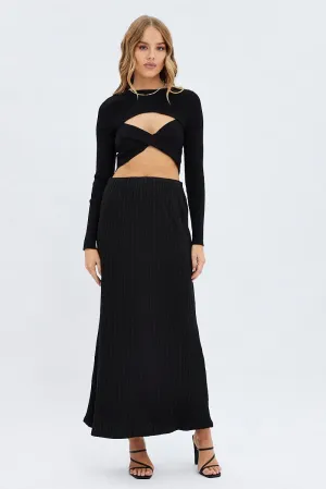 Black Maxi Skirt Mid Rise A-line Rib Jersey,skirt,denim skirt,mini skirt,maxi skirt,jean skirt,skort,tennis skirt,pleated skirt,pencil skirt,bubble skirt,plisse skirt,fitted skirt,midi skirt,short skirt,short mini skirt,leather skirt,a line skirt