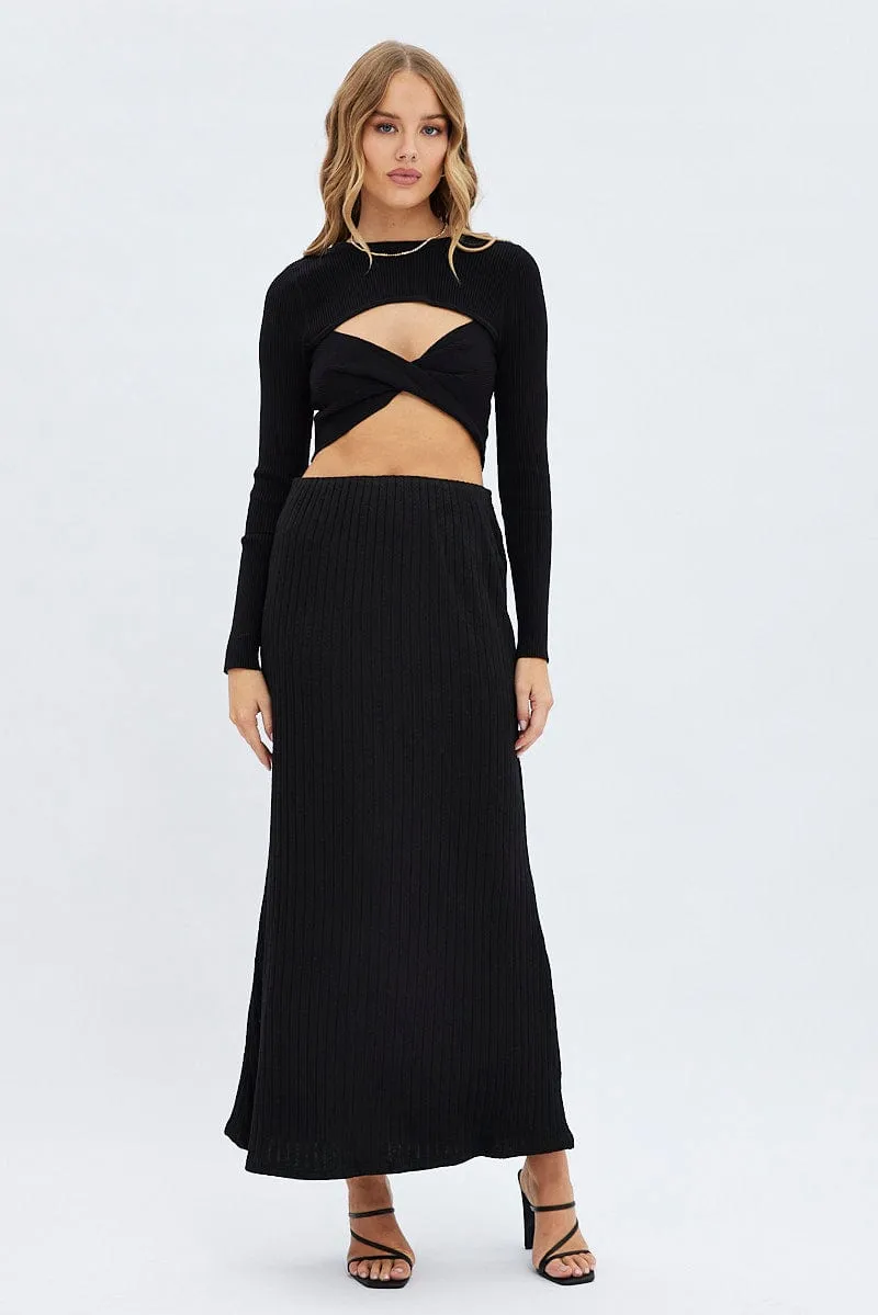 Black Maxi Skirt Mid Rise A-line Rib Jersey,skirt,denim skirt,mini skirt,maxi skirt,jean skirt,skort,tennis skirt,pleated skirt,pencil skirt,bubble skirt,plisse skirt,fitted skirt,midi skirt,short skirt,short mini skirt,leather skirt,a line skirt