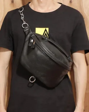 Black MENS LEATHER FANNY PACK BUMBAG Fanny Bag Black WAIST BAGS For Men Black