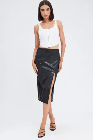 Black Midi Skirt Front Split Faux Leather,skirt,denim skirt,mini skirt,maxi skirt,jean skirt,skort,tennis skirt,pleated skirt,pencil skirt,bubble skirt,plisse skirt,fitted skirt,midi skirt,short skirt,short mini skirt,leather skirt,a line skirt,Split skirt