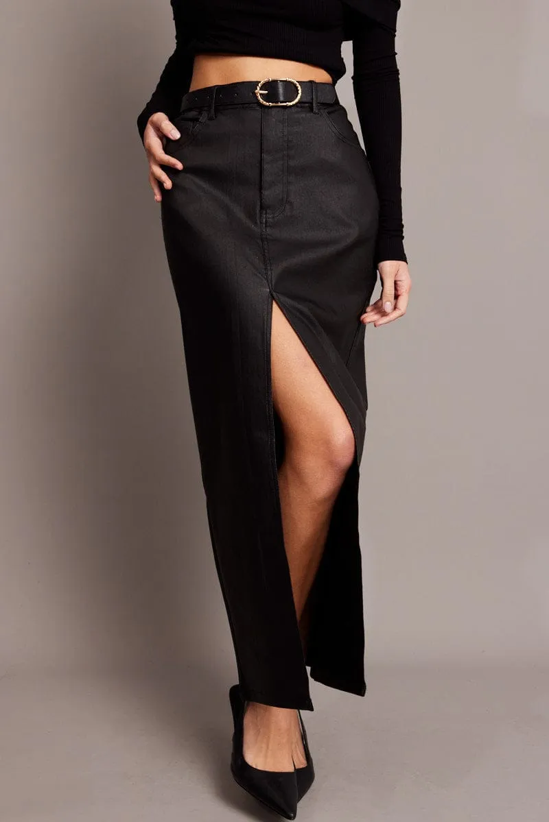 Black Midi Skirt High Rise Coated Fabric,skirt,denim skirt,mini skirt,maxi skirt,jean skirt,skort,tennis skirt,pleated skirt,pencil skirt,bubble skirt,plisse skirt,fitted skirt,midi skirt,short skirt,short mini skirt,leather skirt,a line skirt