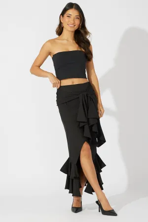 Black Midi Skirt Layered Ruffles,skirt,denim skirt,mini skirt,maxi skirt,jean skirt,skort,tennis skirt,pleated skirt,pencil skirt,bubble skirt,plisse skirt,fitted skirt,midi skirt,short skirt,short mini skirt,leather skirt,a line skirt