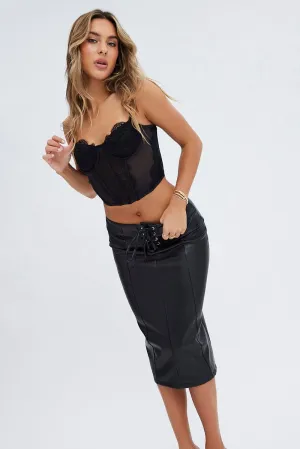 Black Midi Skirt Low Rise Lace Up Front Faux Leather PU,skirt,denim skirt,mini skirt,maxi skirt,jean skirt,skort,tennis skirt,pleated skirt,pencil skirt,bubble skirt,plisse skirt,fitted skirt,midi skirt,short skirt,short mini skirt,leather skirt,a line ski