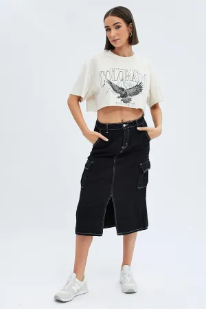Black Midi Skirt Mid Rise A-line Cargo Contrast Stitch,skirt,denim skirt,mini skirt,maxi skirt,jean skirt,skort,tennis skirt,pleated skirt,pencil skirt,bubble skirt,plisse skirt,fitted skirt,midi skirt,short skirt,short mini skirt,leather skirt,a line skir