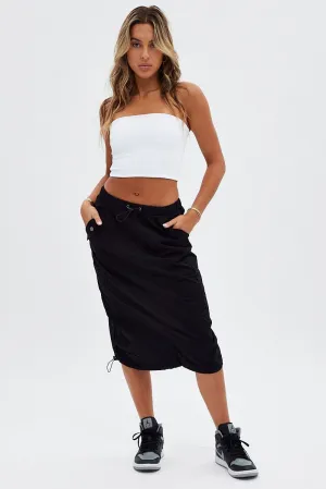 Black Midi Skirt Mid Rise Cargo Drawstring Elastic Waist,skirt,denim skirt,mini skirt,maxi skirt,jean skirt,skort,tennis skirt,pleated skirt,pencil skirt,bubble skirt,plisse skirt,fitted skirt,midi skirt,short skirt,short mini skirt,leather skirt,a line sk