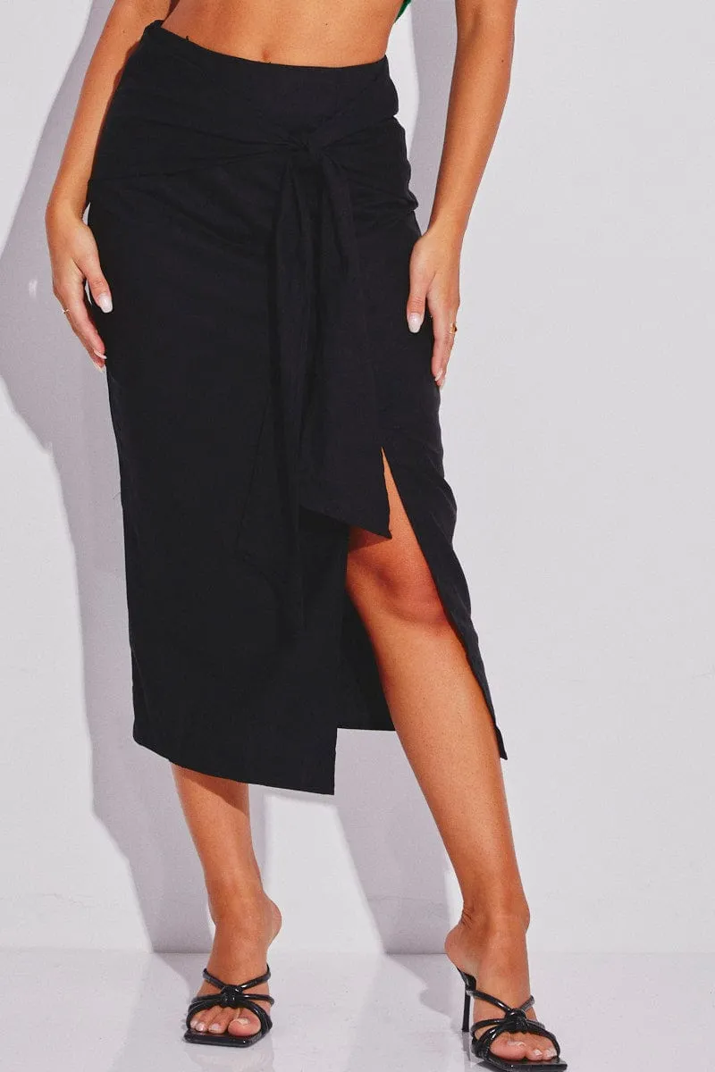 Black Midi Skirt Tie Front Side Split Hem