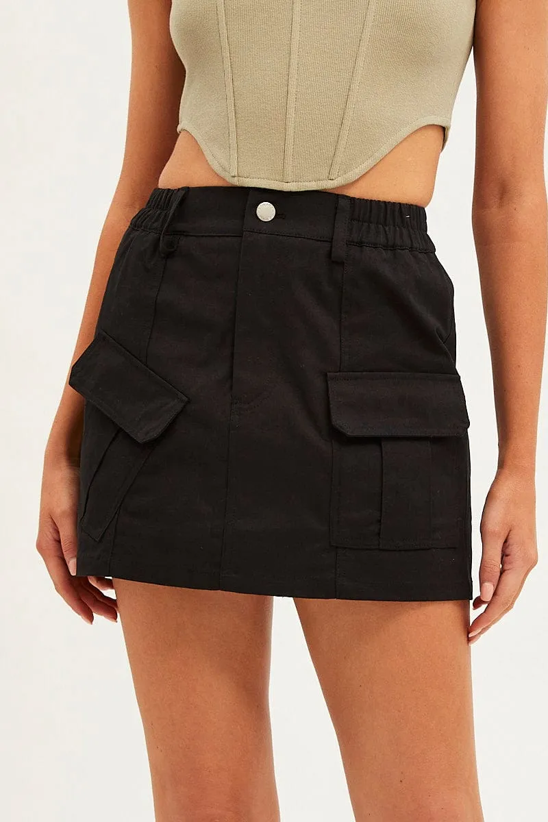Black Mini Skirt Cargo Cotton Blend