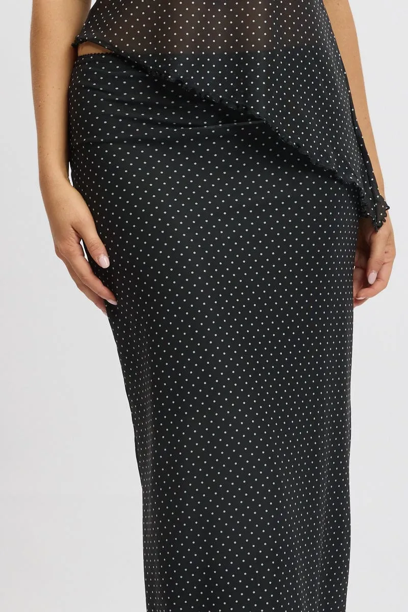 Black Polka Dot Mesh Skirt Elasticated Picot Trim Midaxi