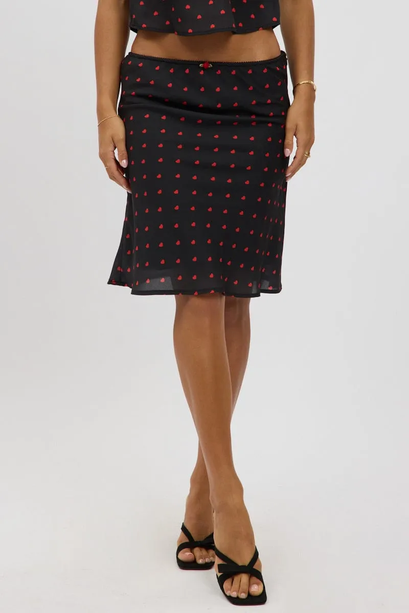 Black Polka Dot Picot Trim Midi Skirt Chiffon Lined