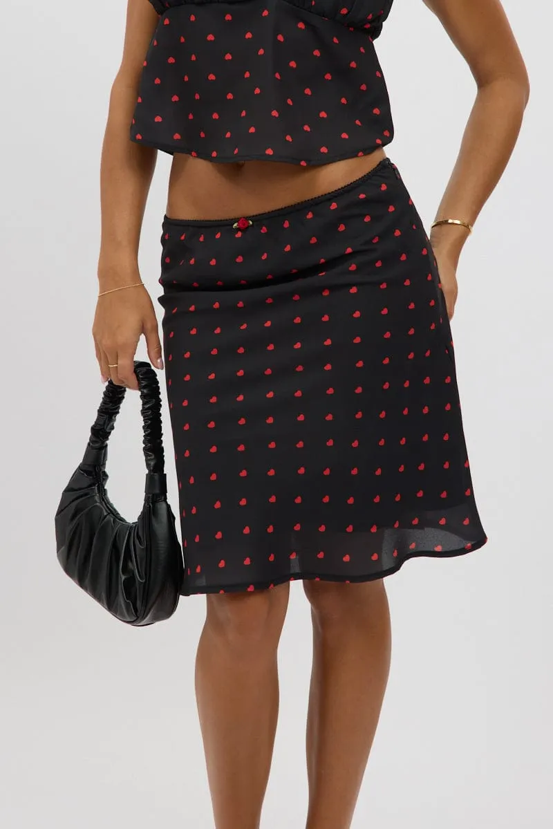 Black Polka Dot Picot Trim Midi Skirt Chiffon Lined