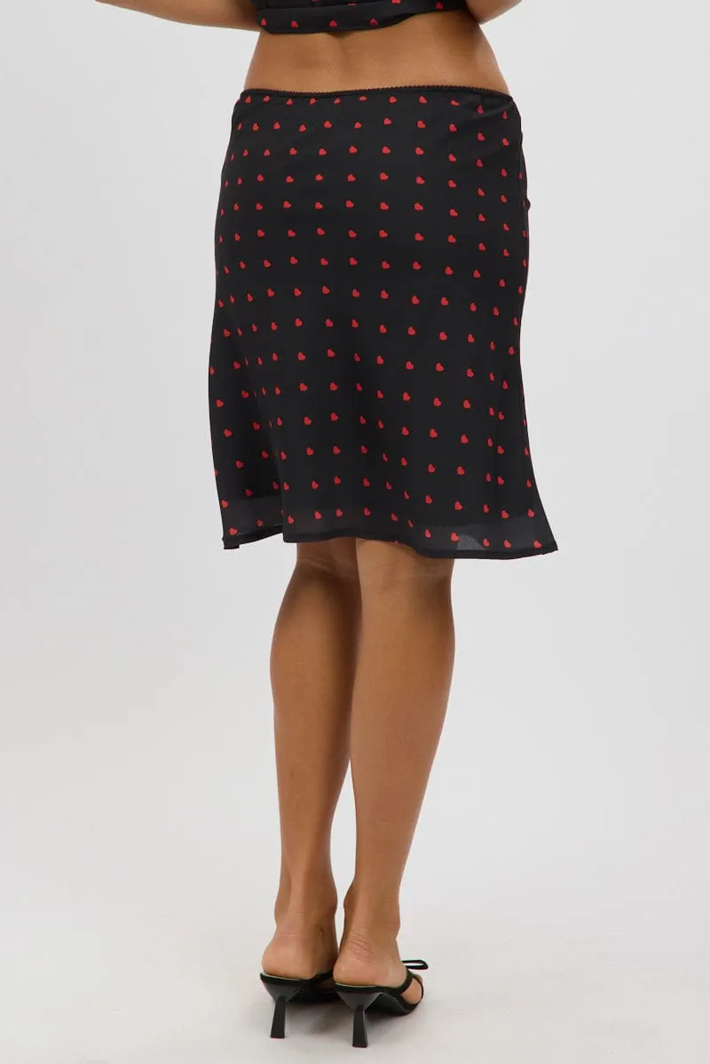 Black Polka Dot Picot Trim Midi Skirt Chiffon Lined