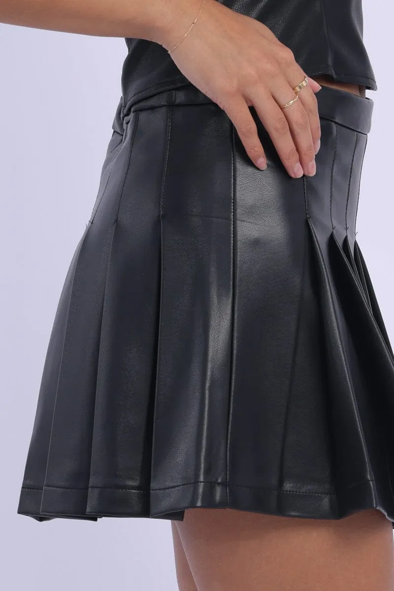 Black PU Tennis Skirt High Rise Pleated Slight Stretch