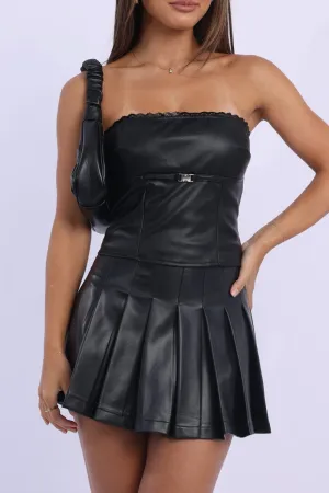 Black PU Tennis Skirt High Rise Pleated Slight Stretch,skirt,denim skirt,mini skirt,maxi skirt,jean skirt,skort,tennis skirt,pleated skirt,pencil skirt,bubble skirt,plisse skirt,fitted skirt,midi skirt,short skirt,short mini skirt,leather skirt,a line skir