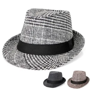 Black Ribbon Tartan Trilby Hat boater hat with bow in beach sunlight