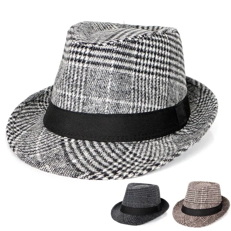 Black Ribbon Tartan Trilby Hat boater hat with bow in beach sunlight