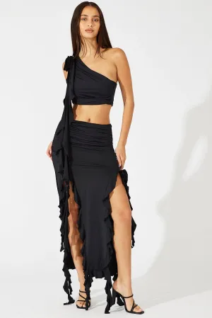 Black Ruffle Maxi Skirt,skirt,denim skirt,mini skirt,maxi skirt,jean skirt,skort,tennis skirt,pleated skirt,pencil skirt,bubble skirt,plisse skirt,fitted skirt,midi skirt,short skirt,short mini skirt,leather skirt,a line skirt,Split skirt