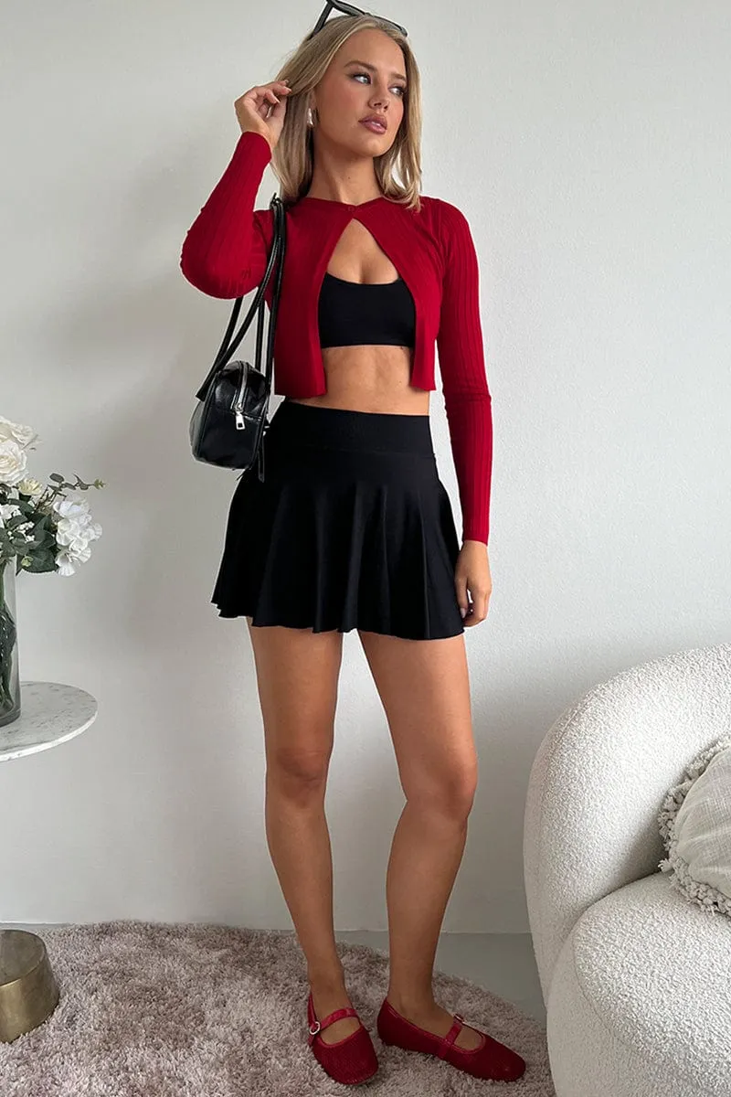 Black Seamless Flare Skort Elastic Waist Lined,skirt,denim skirt,mini skirt,maxi skirt,jean skirt,skort,tennis skirt,pleated skirt,pencil skirt,bubble skirt,plisse skirt,fitted skirt,midi skirt,short skirt,short mini skirt,leather skirt,a line skirt,Split 