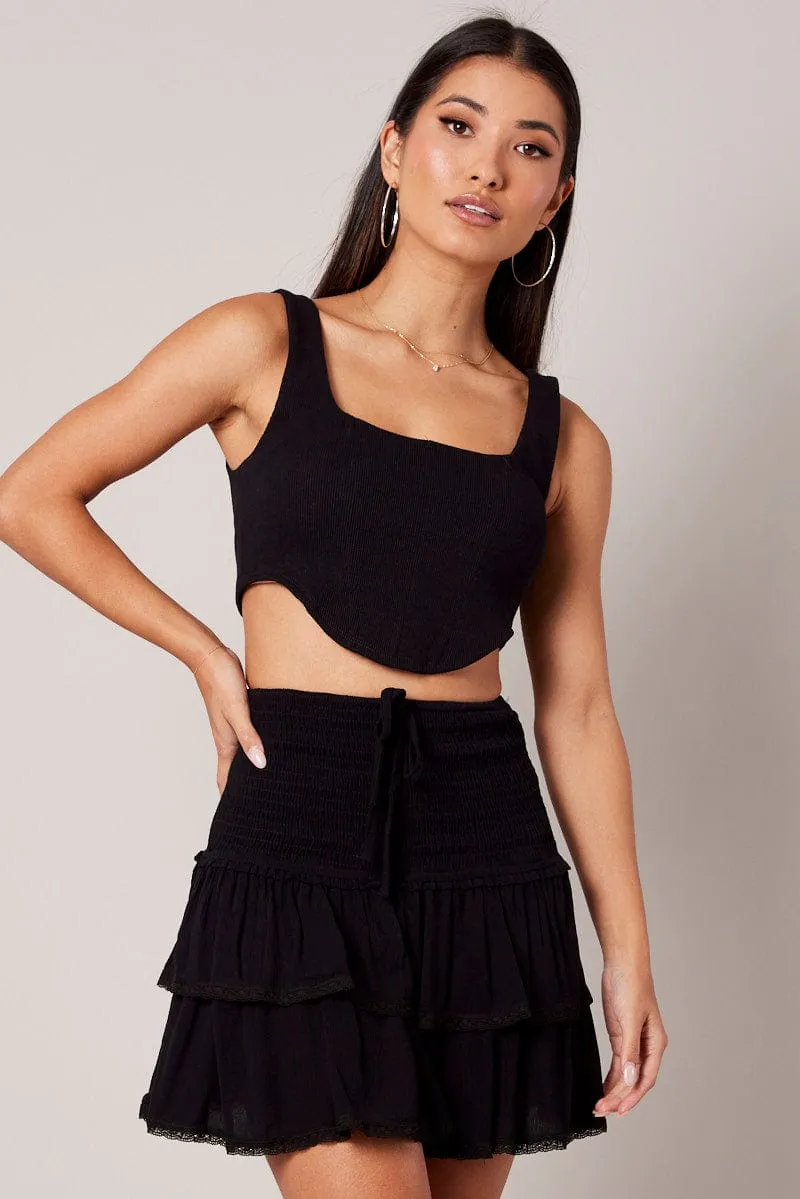 Black Skater Skirt Smocking Waist Mini,skirt,denim skirt,mini skirt,maxi skirt,jean skirt,skort,tennis skirt,pleated skirt,pencil skirt,bubble skirt,plisse skirt,fitted skirt,midi skirt,short skirt,short mini skirt,leather skirt,a line skirt