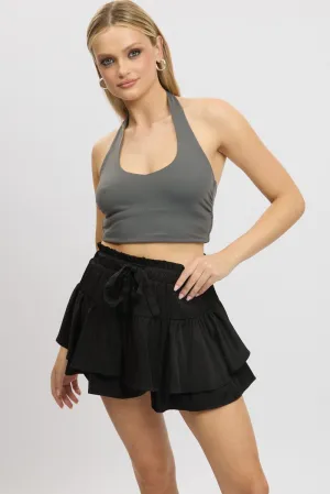 Black Skort Skirt Frilled Hem Elasticated Waist,skirt,denim skirt,mini skirt,maxi skirt,jean skirt,skort,tennis skirt,pleated skirt,pencil skirt,bubble skirt,plisse skirt,fitted skirt,midi skirt,short skirt,short mini skirt,leather skirt,a line skirt
