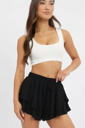 Black Skort Skirt Ruffle Elasticated Waist,skirt,denim skirt,mini skirt,maxi skirt,jean skirt,skort,tennis skirt,pleated skirt,pencil skirt,bubble skirt,plisse skirt,fitted skirt,midi skirt,short skirt,short mini skirt,leather skirt,a line skirt